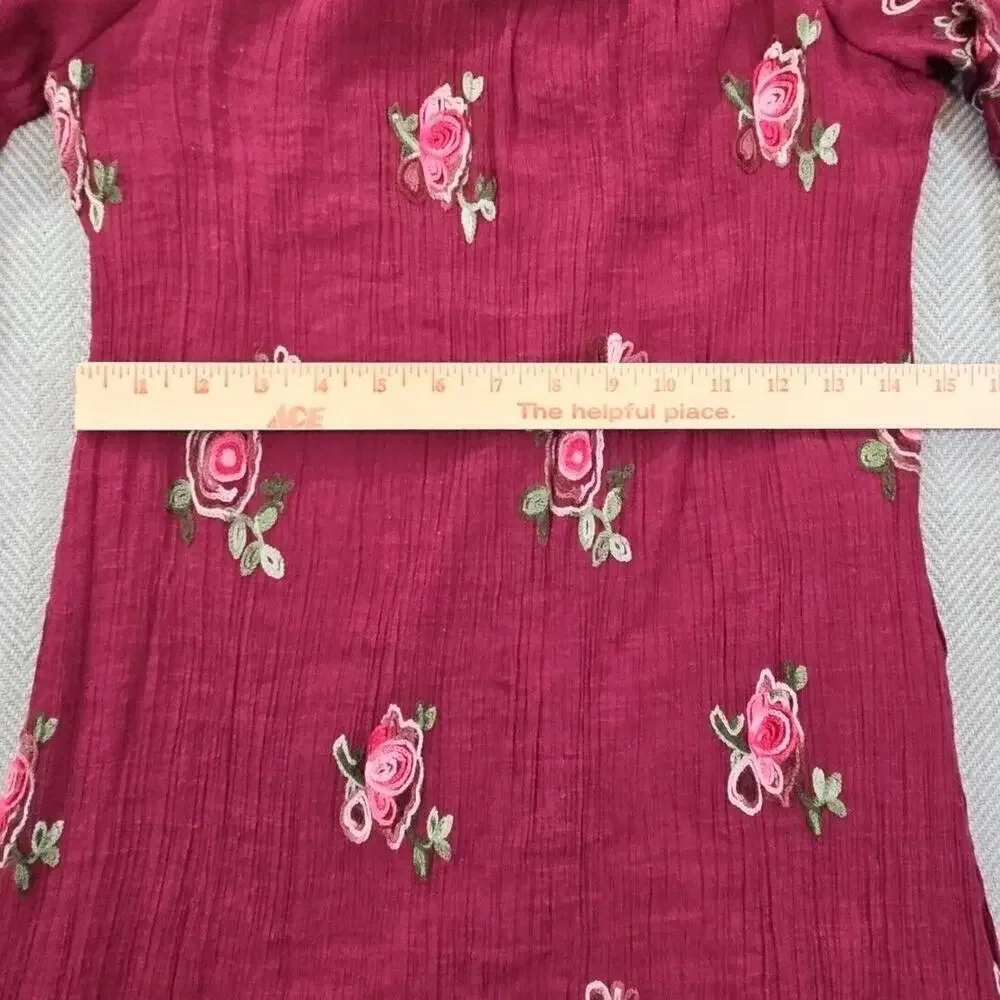 Fig and Flower Women's Medium Red Smock With Rose Embroidery Ruffled Sleeves EUC